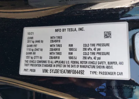 2021 Tesla Model 3 Standard Range Plus Rear-Wheel Drive from USA, damaged, VIN 5YJ3E1EA7MF084492